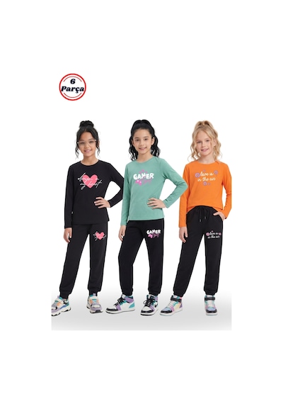 Panios Kids 3'lü Yuvarlak Yaka Sweatshirt Siyah Eşofmanlı Baskı Detaylı 6 Parça Kız Çocuk Alt Üst Takım Siyah - Turuncu