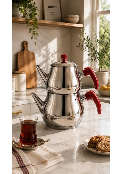 Paslanmaz Çelik Çaydanlık Takımı 1,40 + 2,10 Lt Süzgeçli Aile Boyu Demlik Gümüş