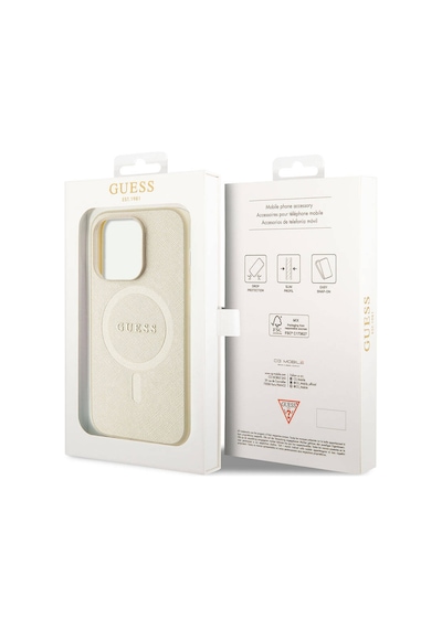 Apple Uyumlu iPhone 15 Pro Kılıf Guess Lisanslı Magsafe Şarj Özellikli Yazı Logolu Saffiano Siyah