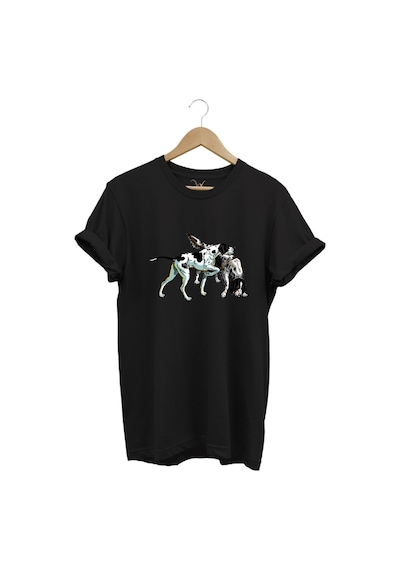 Avcılık Hunting Renkli Pointer Setter Köpekleri Baskılı %100 Pamuk Regular Fit Bisiklet Yaka T-shirt Siyah