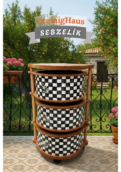 Ahşap Sebzelik Geleneksel Tasarım Yuvarlak Dama Desenli 3 X 5 Kg Kapasiteli Hazır Gönderim Diğer