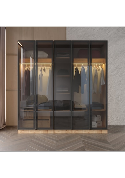 Yıldız Füme Camlı Alimünyum Kapaklı 2 Çekmeceli Giyinme Dolabı Led Askılıklı Tamamı Mdf Safir Meşe