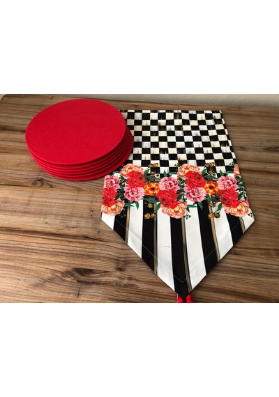 Kırmızı Gül Desenli Runner & Supla Çok Renkli