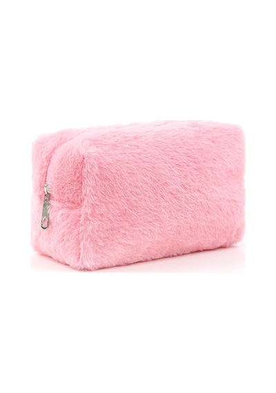 Pembe Shk244 Peluş Kumaş Fermuarlı Tek Bölmeli Seyahat Ve Makyaj Çantası,pembe
