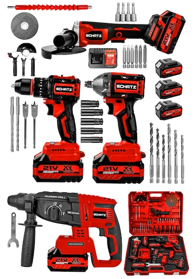 Schatz 21v Darbeli Kömürsüz Kırıcı Delici Hilti & Taşlama & Matkap & Somun Sıkma Sökme 4'lü Set Kırmızı
