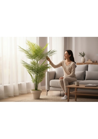 Yapay Areka Ağacı Palmiye Ağacı Salon Bitkisi Yapay Areka 130 Cm 20 Yaprak Beyaz Plastik Saksı Yeşil