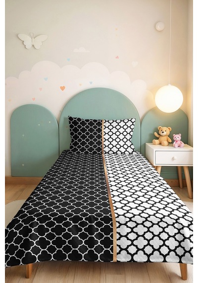 Geometrik Siyah Beyaz Tek Kişilik Pike Takımı - Modern Kapitone Mevsimlik Yatak Örtüsü 160x220 Cm Kadife Günce Harmonu