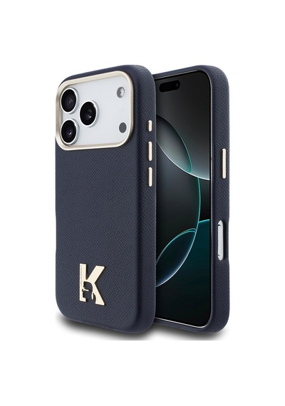 Apple iPhone Uyumlu  17 Pro Max Kılıf Lisanslı M-safeli Gold Kamera Çerçeveli Khead Metal Logolu Pu Deri Lacivert