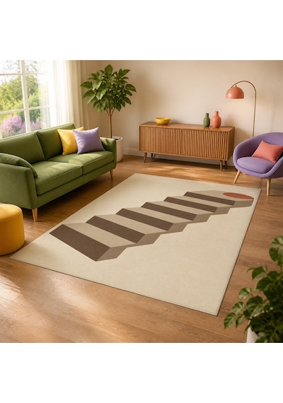 Kartela Halı Basamak Merdiven Desenli Modern Halı Bej Kaymaz Taban Makinede Yıkanabilir 60x90 Cm