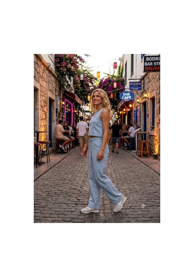 Zdnjeans Kadın Buz Mavi Denim İkili Takım Kolsuz Crop Bluz & Bol Paça Pantolon