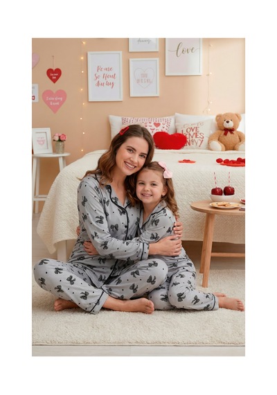 Rindahomewear Anne-kız Gri Fiyonk Desenli Düğmeli Örme Uzun Kollu Pijama Takımı Gri