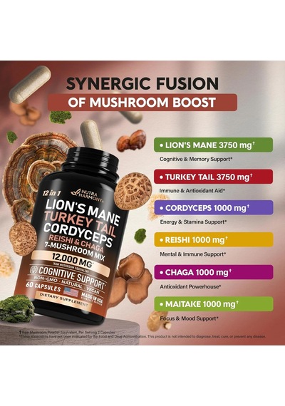 Mushroom Supplement 7 Mushroom Complex 12,000 Mg 60 Capsules
