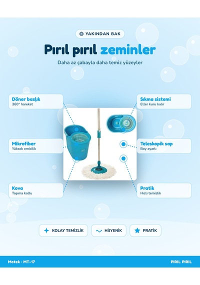 Fix Mop Set Döner Başlıklı Sıkma Sistemli Pratik Temizlik Seti Mt-17