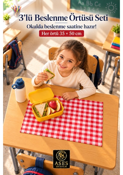 3 Lü Set Yıkanabilir Beslenme Örtüsü 35x50 Cm Kırmızı Beyaz Kareli - Anaokulu Ve İlkokul