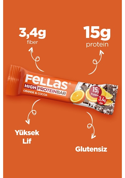 Fellas Yüksek Protein Bar - Portakal & Kakao 45 G x 12 Adet