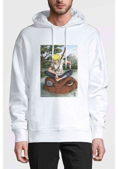 Anime Naruto Moon Baskılı Beyaz Erkek Örme Kapşonlu Sweatshirt