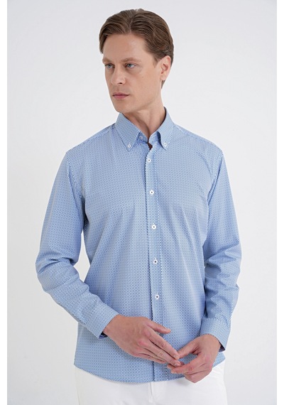 Slim Fit Yaka Düğmeli Baskılı Pamuklu Mavi Gömlek G 1606