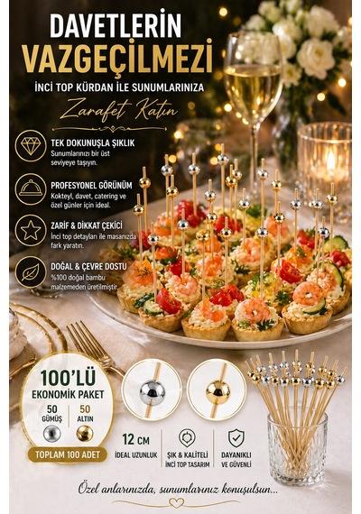 100 Lü Set İnci Top Kürdan Altın Gümüş 12cm Bambu Kokteyl Sunum Kürdanı Parti Catering