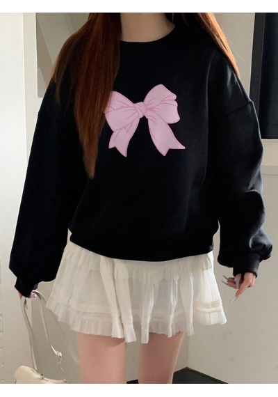 Startmore Block Bow Print Crew Neck Long Sleeve Black Sweatshirt,fall Clothes Çok Renkli