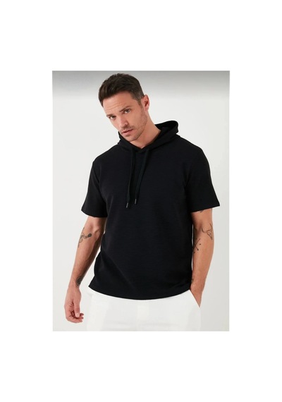 Erkek Kapüşonlu Tişört Kısa Kol Düz Oversize T-shirt - Siyah