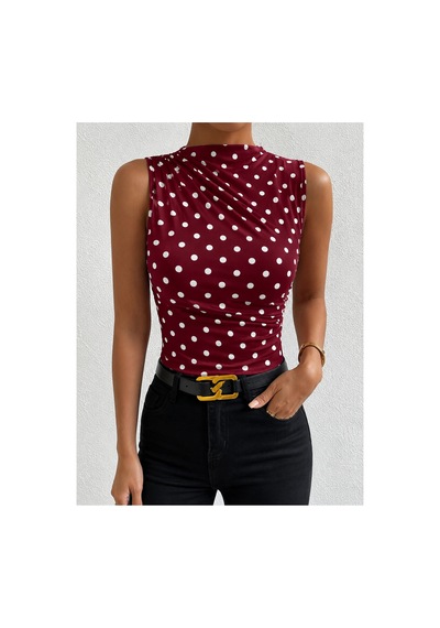 Wild Flower Puantiye Desenli Bisiklet Yaka Drapeli Esnek Kumaş Kadın Bluz Bordo