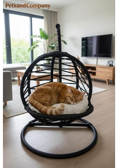 El Örgüsü Kedi Salıncağı Siyah Hamak Ve Yatak, Kadın Emeği Lüks Tasarım Kedi Evi, Minderli