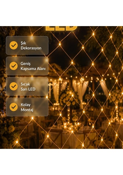 Dekoratif Led Ağ File Işık Sıcak Sarı Balkon Bahçe Ve Oda Aydınlatma