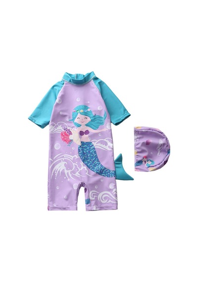 Güneş Korumalı Kısa Kollu Mermaid Denizkızı Desenli Kız Çocuk Mayo Upf Kız Çocuk Mayo Mor