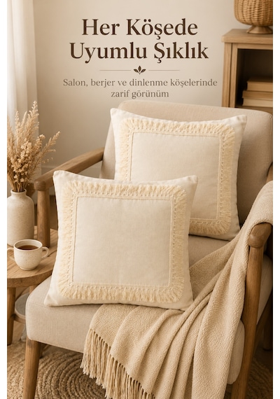 2'li Naturel Keten Püsküllü Kırlent Kılıfı Bohem Rustik Vintage Salon Dekoru Dekoratif 2 Adet Kırlen Bej