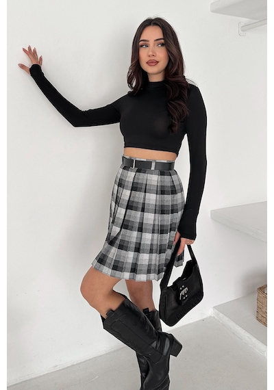 Kadın Pileli Ekose Mini Short Etek Grunge Charm Siyah