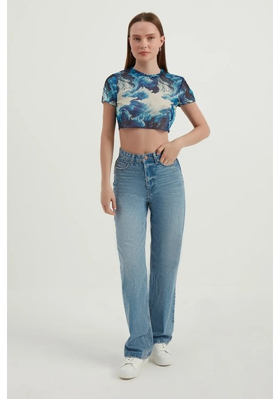 Hiccup Soyut Tül Crop Top Maya Mavisi