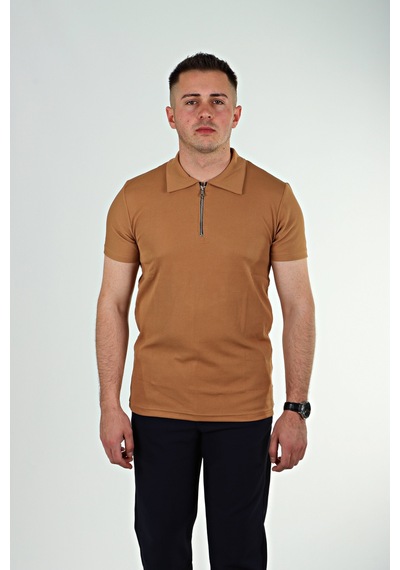 Eg38 Yarım Fermuar Polo Yaka Tşört Taba Taba