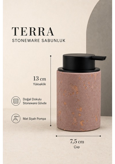 Terra Stoneware Traverten Dokulu Siyah Pompalı Dekoratif Sıvı Sabunluk 500 Ml , 13 X 7.5 Cm Koyu Pembe