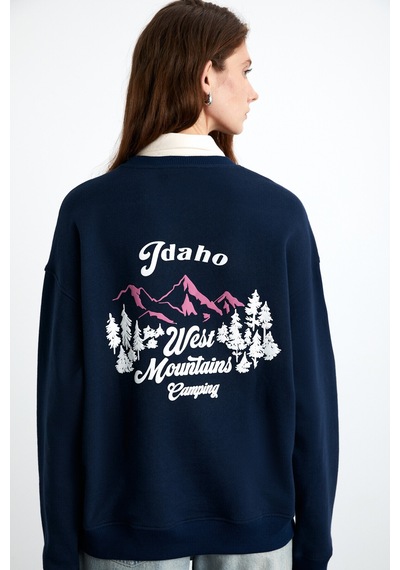 Grımelange Elınay Kadın Pamuklu Oversize Fit Ön Arka Baskı Detaylı Koyu Mavi Sweatshirt Grımelange Elınay Kadın Pamuklu Oversize Fit Ön Arka Baskı Detaylı Koyu Mavi Sweatshirt