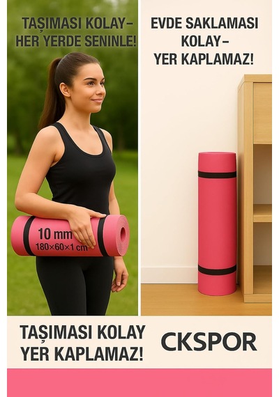 Tr 10 Mm Pilates Yoga Minderi, Spor Egzersiz Matı, Pembe, 180x60 Cm Diğer