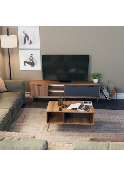 Mezza Set 1581-2070 Exxen 180 CM (AHŞAP AYAKLI) Tv Ünitesi Orta Sehpa Seti Ürgüp-Antrasit Rengi