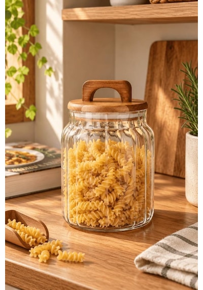 Atbyhome Akasya Kapaklı Çizgili Borosilikat Cam Kavanoz 1150 Ml - Vakumlu Büyük Boy Erzak Bakliyat Saklama Kabı