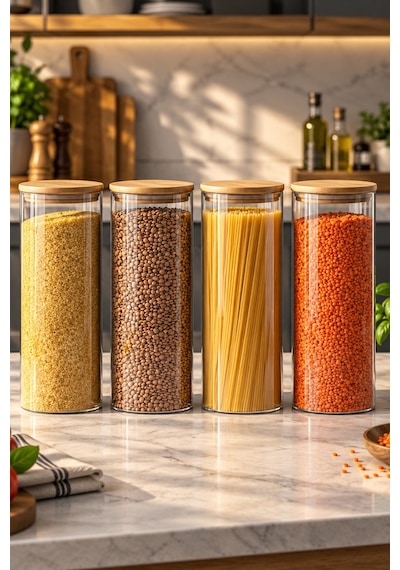 Porsima 4-4 Bambu Borosilikat Vakumlu Kapaklı Yuvarlak Cam 4lü Kavanoz Seti Saklama Kabı 2100ml 10x30cm