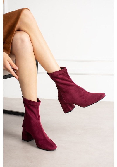 Dabab Shoes Lara Kadın Bordo Süet Streç Küt Burun Fermuarlı 6 Cm Kalın Topuklu Bot Bootie