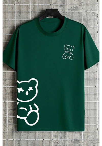 Unisex Draw Bear Baskılı Tasarım Tshirt Yeşil