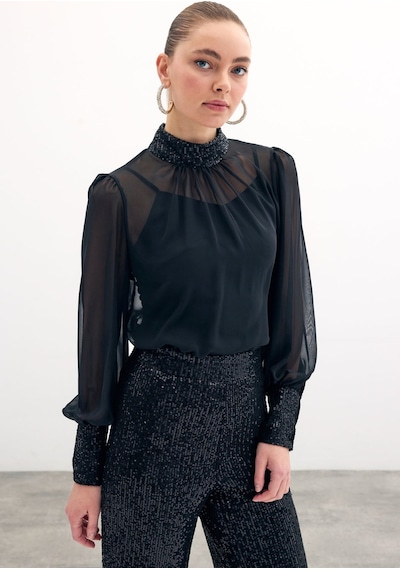 Sateen Payet Detaylı Bluz - Siyah-135852 Siyah Sateen Payet Detaylı Bluz - Siyah-135852 Siyah