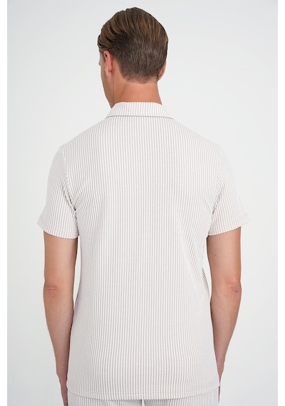 Efor Comfort Fit Fermuarlı Polo Yaka Dikine Çizgili Kısa Kol Bej Tişört Ts 906 Bej