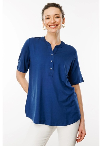 Desen Triko Kadın Yakası Düğmeli Penye T-shirt 25764 Indigo Indigo