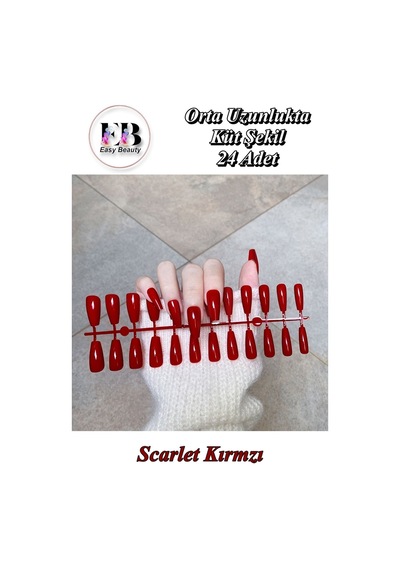 24 Adet Renkli Orta Uzun Küt Takma Tırnak 1134 Scarlet Kırmızı