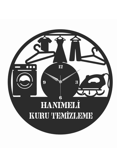 Kuru Temizleme Temalı Ahşap Duvar Saati 50 Cm Siyah