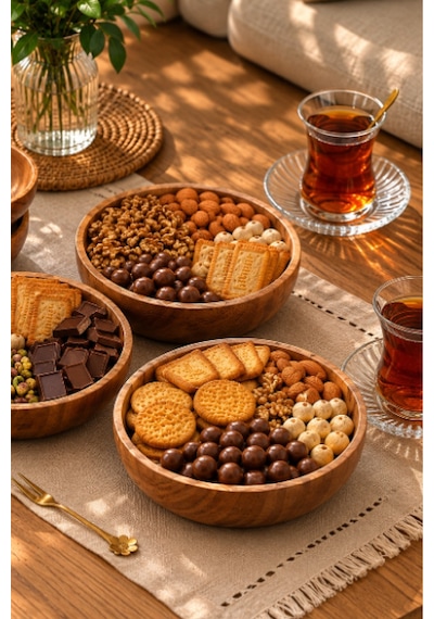 Dekoratif Çerezlik Tabak, Doğal Ahşap Akasya Çerezlik, Çap 12 Cm, 4'lü Set Kahverengi