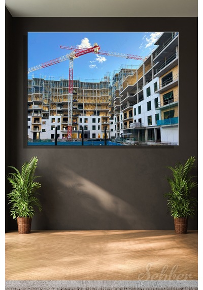Kule Vinçler İle Yapımı Devam Eden Çok Katlı Modern Bir İnşaat Şantiyesi Yatay Kanvas Tablo 3910 Çok Renkli
