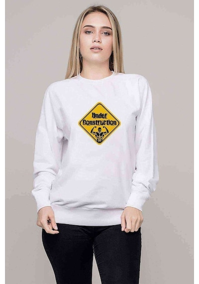 Under Construction Baskılı Beyaz Kadın Sweatshirt