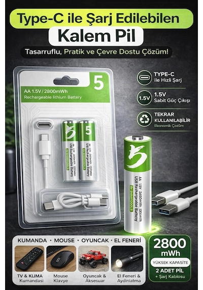 Aa Kalem Pil Type-c Şarjlı 1.5v 2800mwh Lityum Şarj Edilebilir 2 Li Pil Seti
