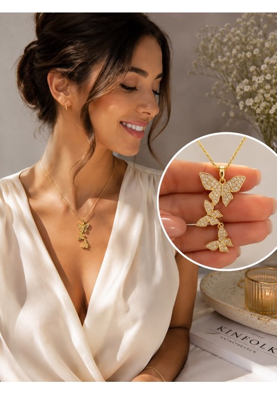 Kelebekli Sallantılı Zirkon Taş Kolye Gold